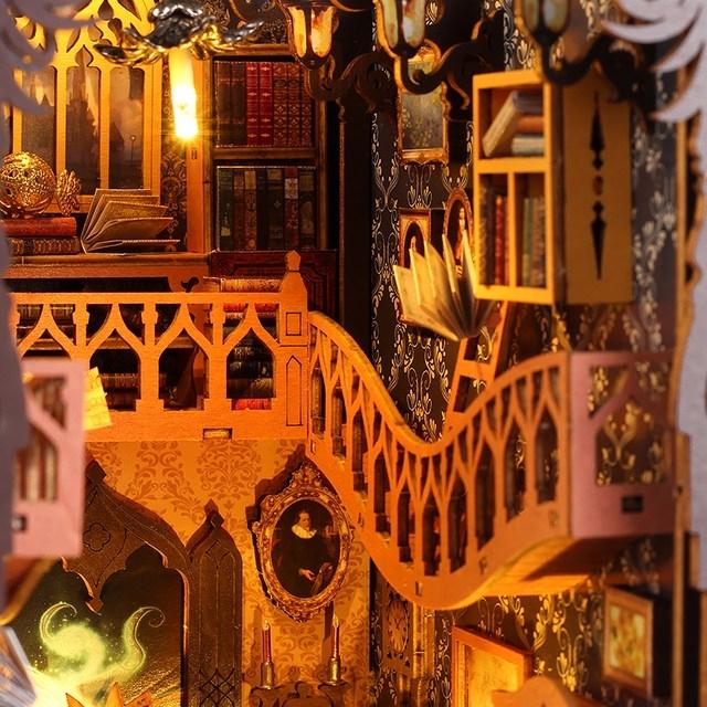 DIY Book Nook Kit - Magic Library Miniature Bookshelf Insert with LED Light | Wooden 3D Puzzle Bookend Decor for Gifts & Home