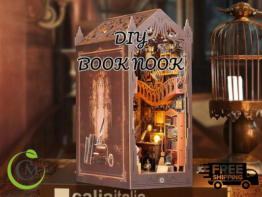 DIY Book Nook Kit - Magic Library Miniature Bookshelf Insert with LED Light | Wooden 3D Puzzle Bookend Decor for Gifts & Home
