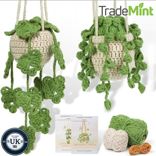 Potted plant crochet kit for beginners | bean basket & hollow green plant diy starter set