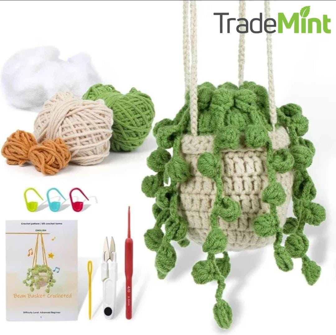 Potted plant crochet kit for beginners | bean basket & hollow green plant diy starter set