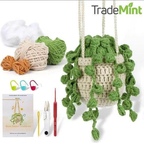 Potted plant crochet kit for beginners | bean basket & hollow green plant diy starter set