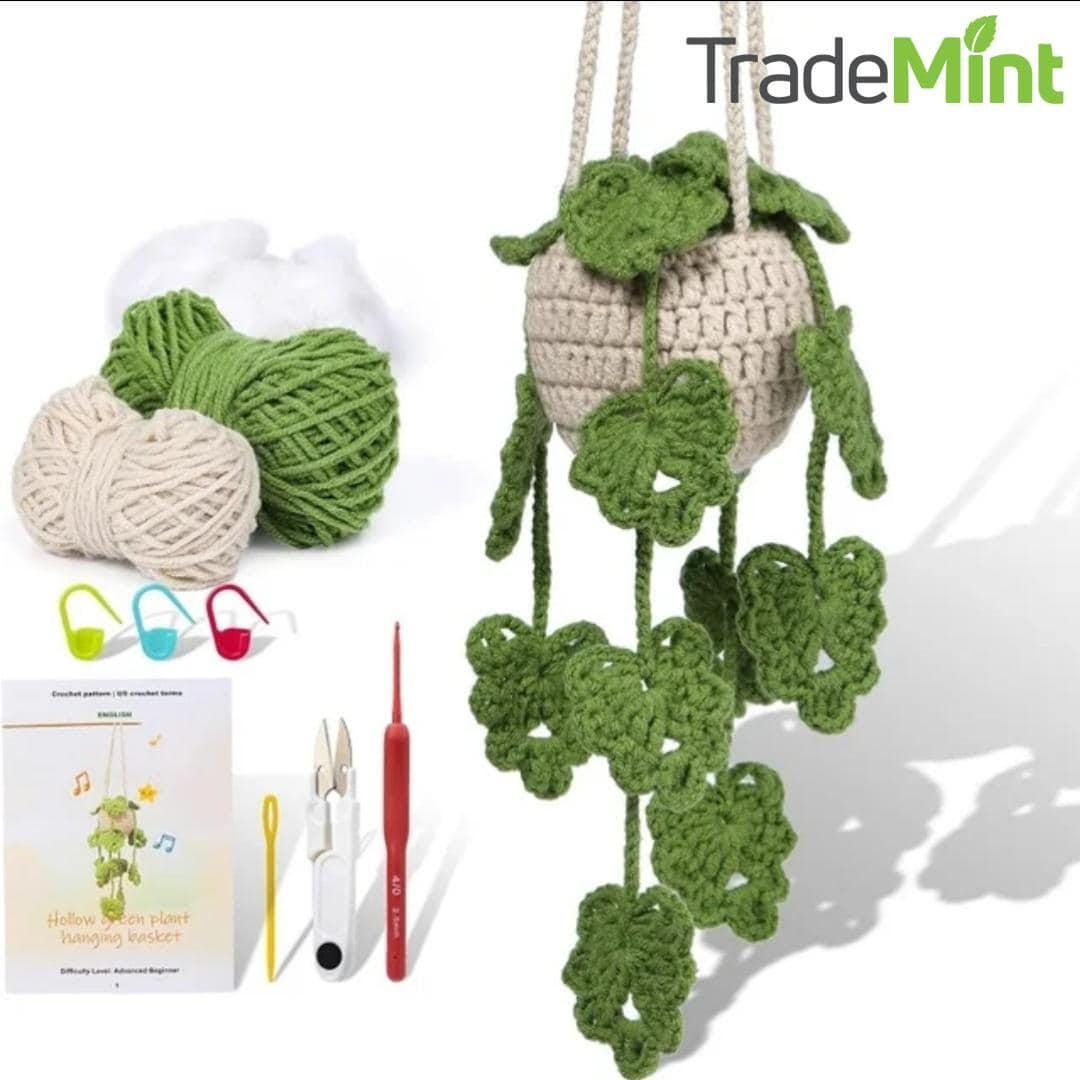 Potted plant crochet kit for beginners | bean basket & hollow green plant diy starter set