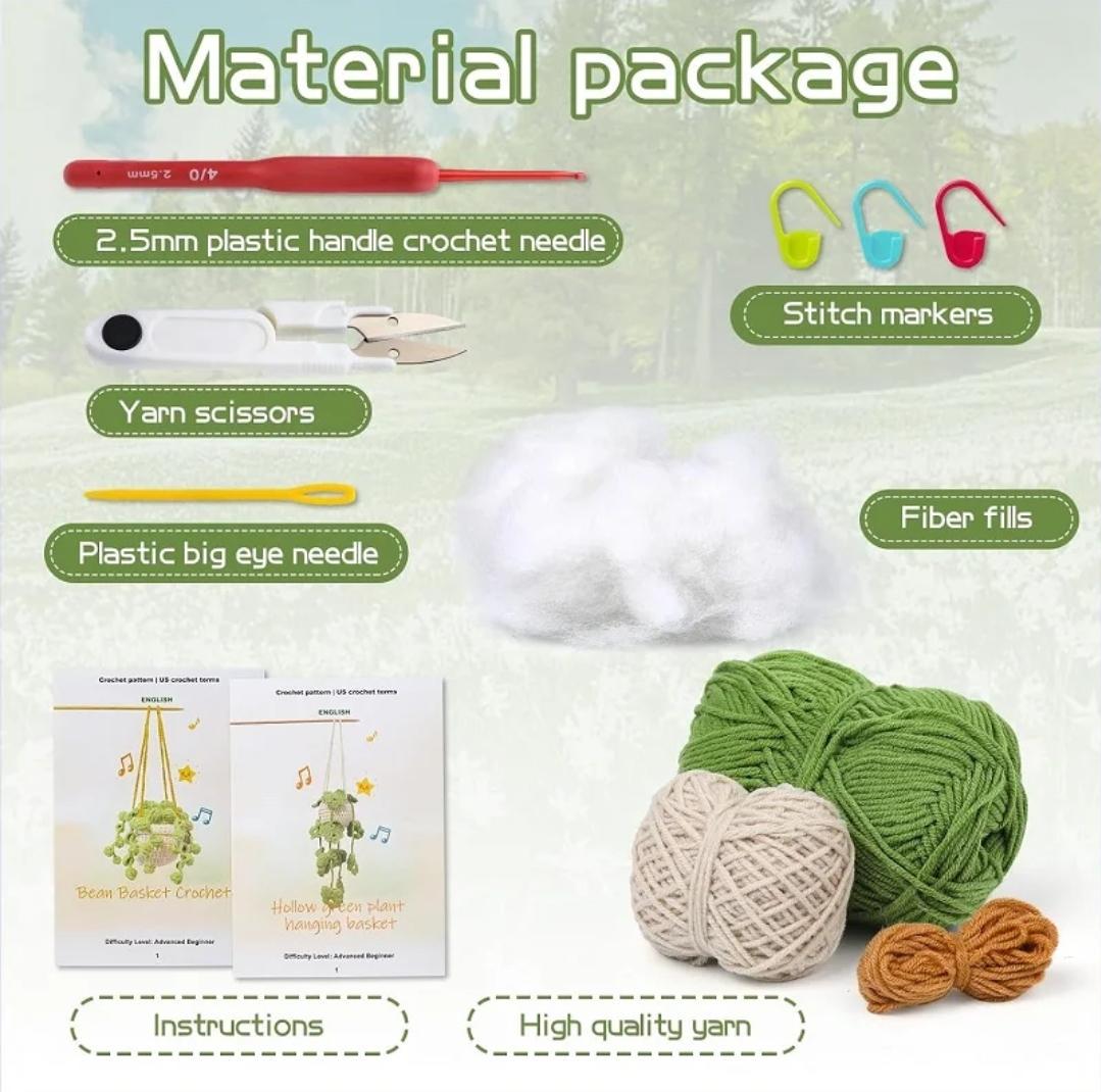 Potted plant crochet kit for beginners | bean basket & hollow green plant diy starter set