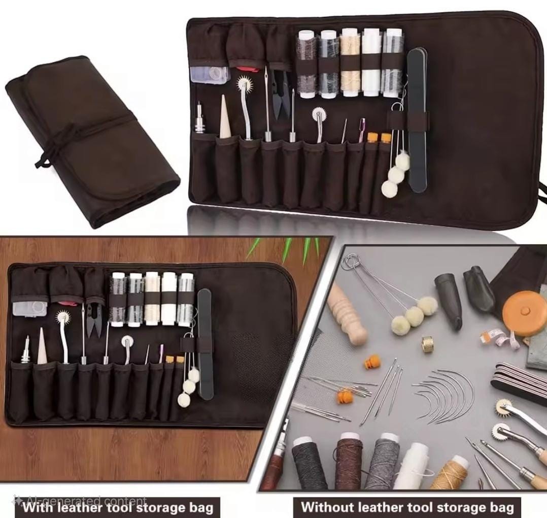 Complete Leather Sewing Kit | 55-Piece DIY Leather Craft Tool Set | Waxed Threads, Needles, Stitch Wheel, Awl & Roll Bag for Sewing Projects
