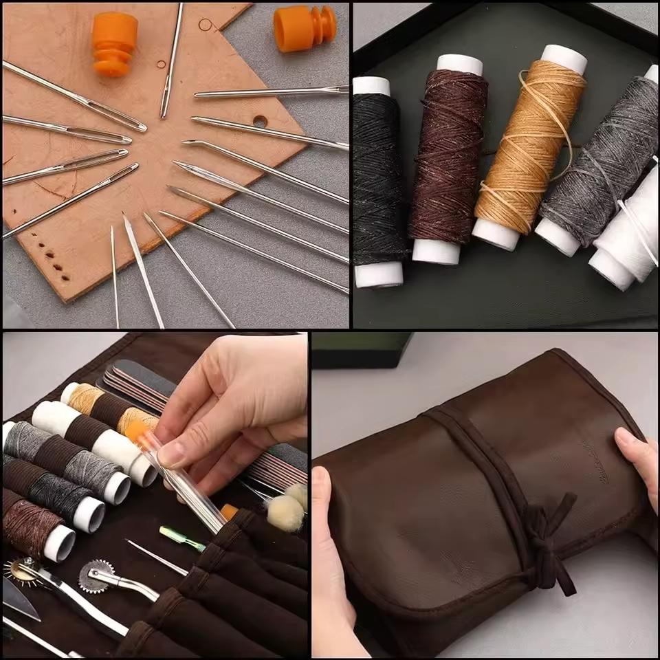 Complete Leather Sewing Kit | 55-Piece DIY Leather Craft Tool Set | Waxed Threads, Needles, Stitch Wheel, Awl & Roll Bag for Sewing Projects