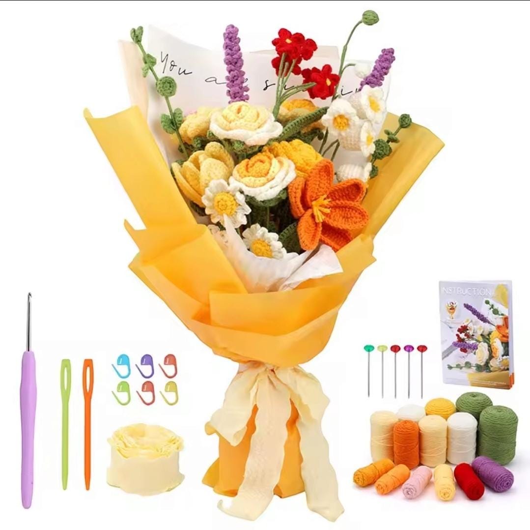 DIY Crochet Flower Bouquet Kit | Beginner-Friendly Yarn Craft Set | Perfect Gift for Mother's Day & Valentine's Day