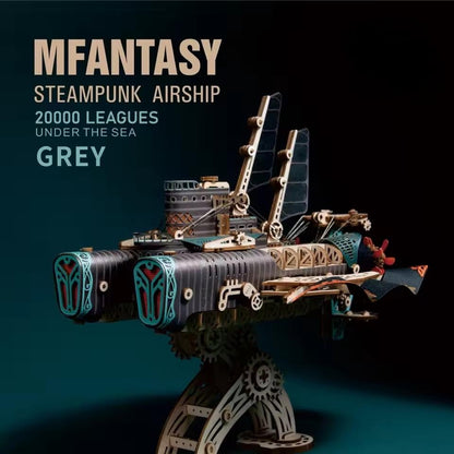 Grey and turquoise steampunk airship model with twin cylindrical motors and dark wings against teal.