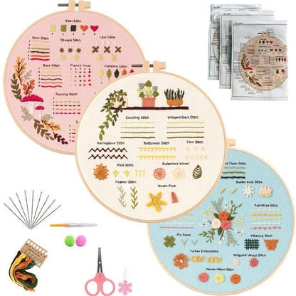 Embroidery kit contents showing stitch sampler hoops, printed fabric patterns, threads, needles and scissors.