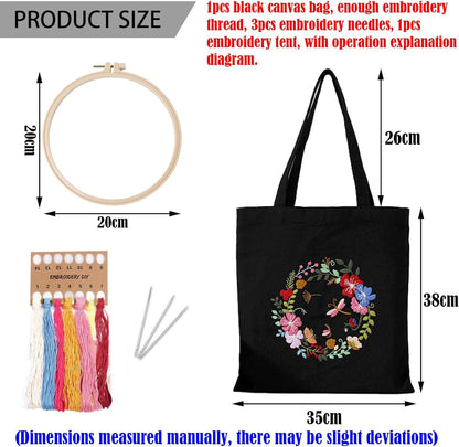 Black tote bag embroidery kit dimensions showing 35 cm width, 38 cm height and 26 cm straps.