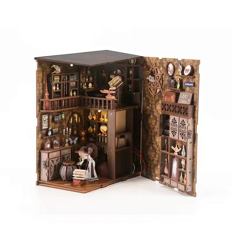 DIY Magic Night Book Nook Kit | Wooden Bookshelf Insert with LED Light – Handmade Miniature Bookend Decor