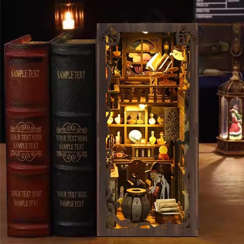 DIY Magic Night Book Nook Kit | Wooden Bookshelf Insert with LED Light – Handmade Miniature Bookend Decor