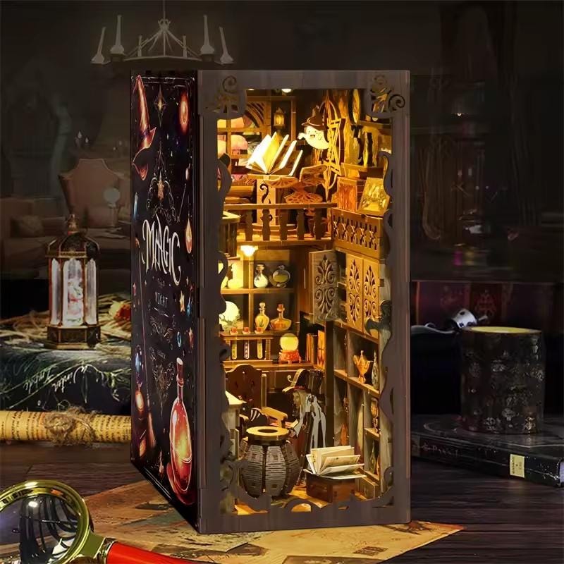 DIY Magic Night Book Nook Kit | Wooden Bookshelf Insert with LED Light – Handmade Miniature Bookend Decor