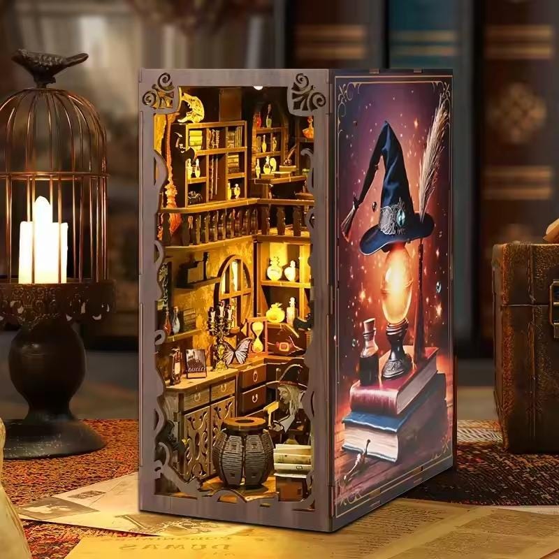 DIY Magic Night Book Nook Kit | Wooden Bookshelf Insert with LED Light – Handmade Miniature Bookend Decor