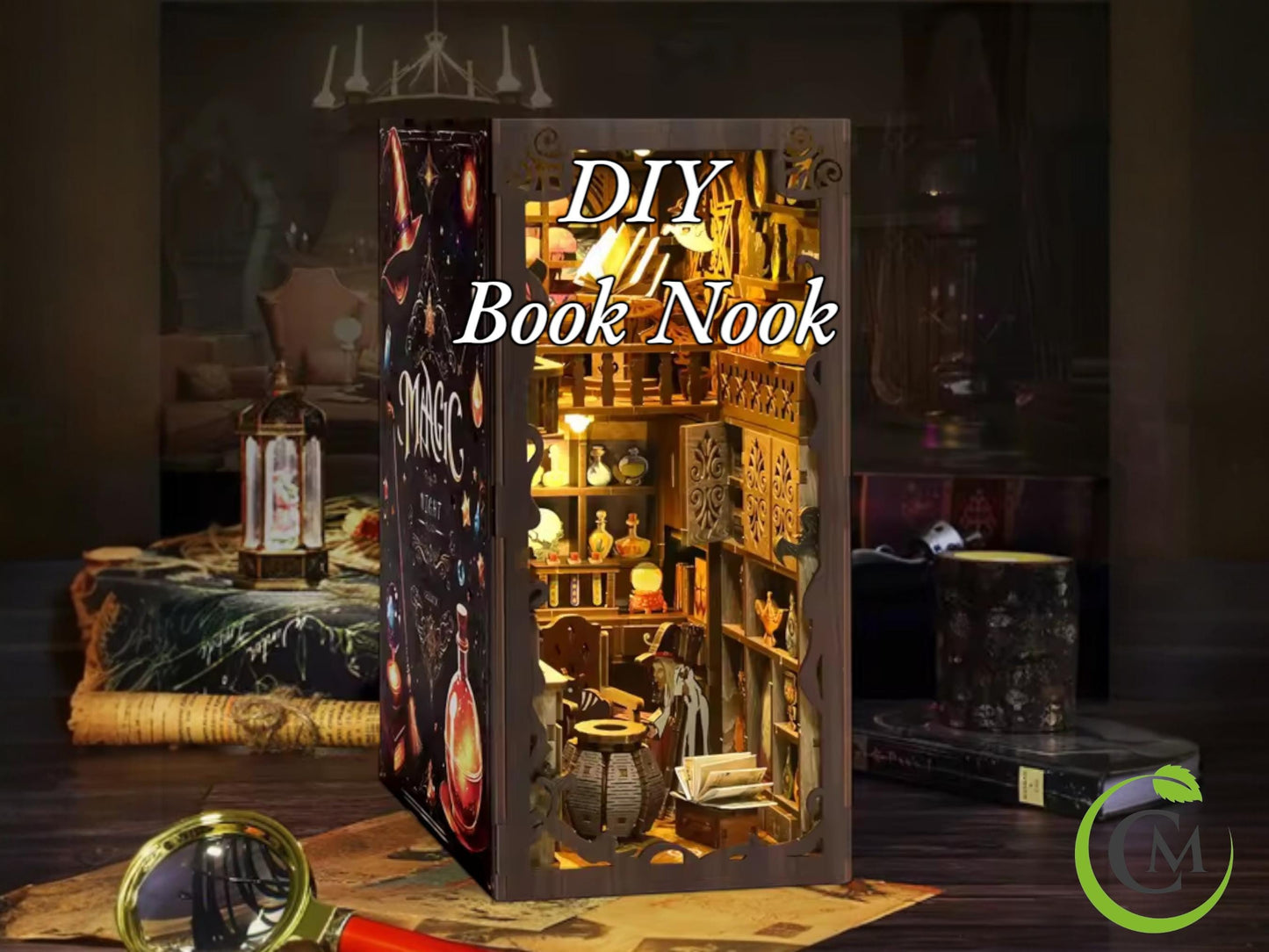 DIY Magic Night Book Nook Kit | Wooden Bookshelf Insert with LED Light – Handmade Miniature Bookend Decor