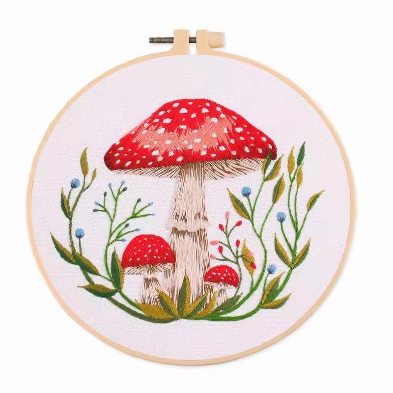 DIY Mushroom Embroidery Kit for Beginners | Printed Cross Stitch Set with Hoop, Washable Pattern | Handmade Home Decor & Gift