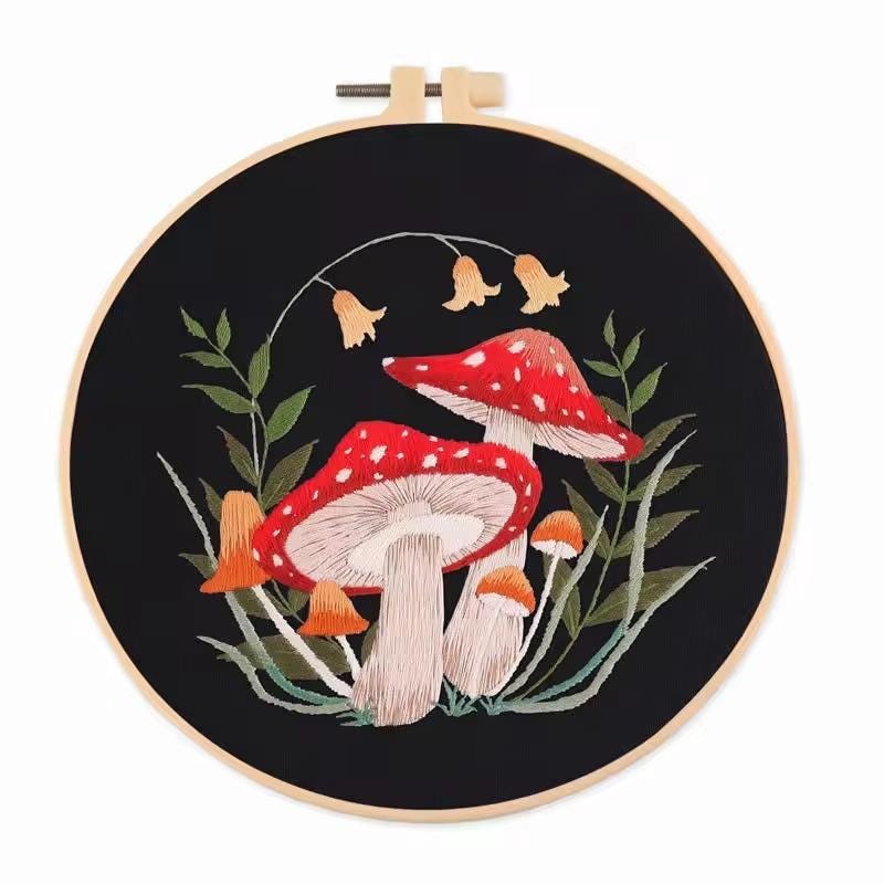 DIY Mushroom Embroidery Kit for Beginners | Printed Cross Stitch Set with Hoop, Washable Pattern | Handmade Home Decor & Gift