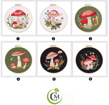 Mushroom embroidery kit six design choices arranged in a chart with matching red toadstool scenes.