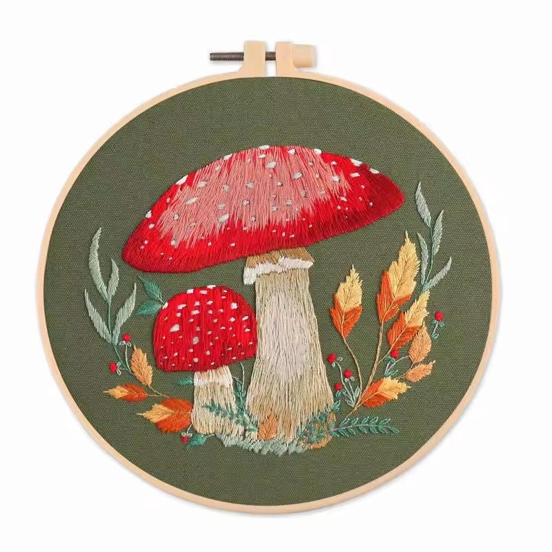 DIY Mushroom Embroidery Kit for Beginners | Printed Cross Stitch Set with Hoop, Washable Pattern | Handmade Home Decor & Gift