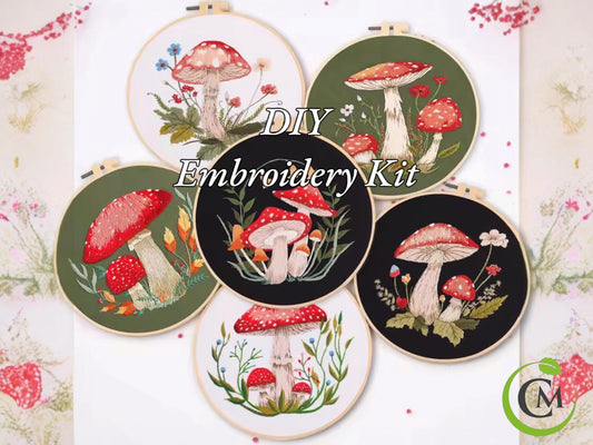 DIY Mushroom Embroidery Kit for Beginners | Printed Cross Stitch Set with Hoop, Washable Pattern | Handmade Home Decor & Gift