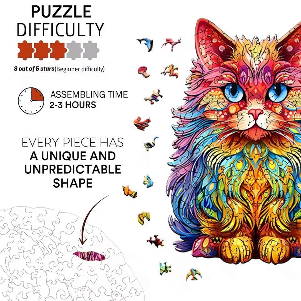 Persian Cat Wooden Puzzle | Unique Shaped Jigsaw | Brain Teaser Gift for Cat Lovers & Puzzle Fans