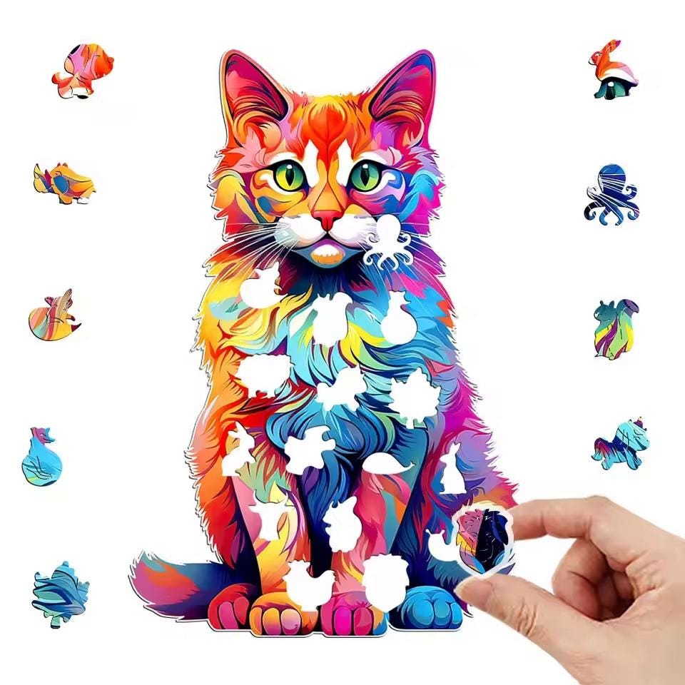 Cat Wooden Puzzle | Unique Shaped Jigsaw | Brain Teaser Gift for Cat Lovers & Puzzle Fans