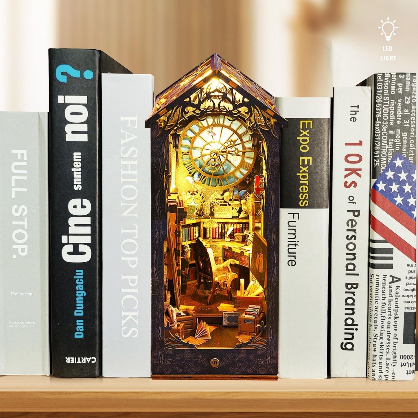 DIY Book Nook Kit - Miniature Wooden Bookend with LED Lights | Handmade Bookshelf Insert & Unique Gift