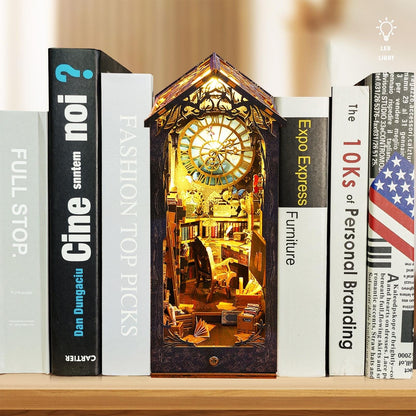 Detective agency miniature book nook with large glowing clock and bookshelves displayed between books.