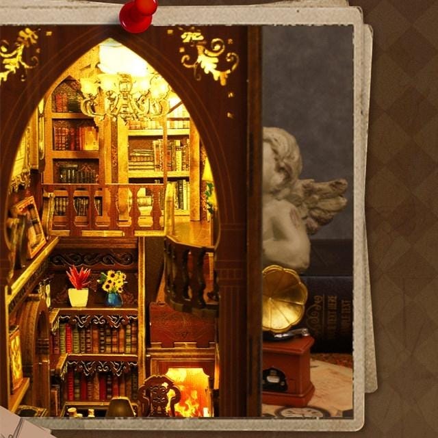 DIY Library Book Nook Kit – Miniature Wooden Bookshelf Insert with LED Lights | Unique Gift for Book Lovers & Home Decor