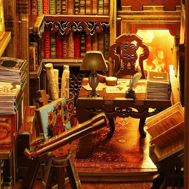 DIY Library Book Nook Kit – Miniature Wooden Bookshelf Insert with LED Lights | Unique Gift for Book Lovers & Home Decor