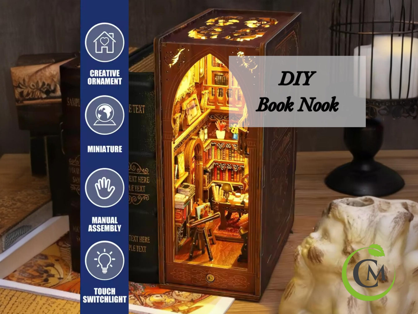DIY Library Book Nook Kit – Miniature Wooden Bookshelf Insert with LED Lights | Unique Gift for Book Lovers & Home Decor