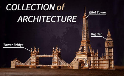 Architecture model collection graphic showing wooden Tower Bridge, Eiffel Tower and Big Ben building puzzles.