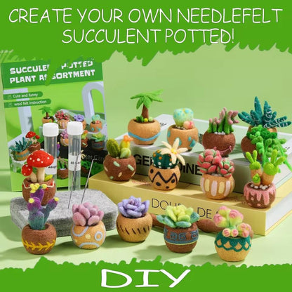 DIY needle-felted succulent starter kit featuring potted felt plants, felting needles and craft instructions.