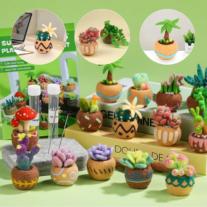Miniature felt cactus and succulent plant assortment with circular inset close-ups of selected designs.