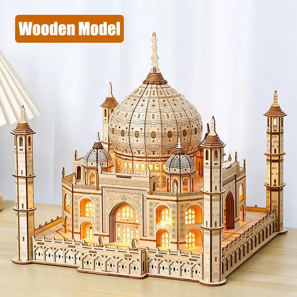 Taj Mahal 3D Wooden Puzzle with Light | DIY Landmark Model Kit | Architecture Building Gift for Adults & Kids | Home Décor Craft