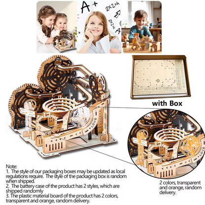 Wooden marble run puzzle gift graphic showing the completed model, packaging and children enjoying craft activities.
