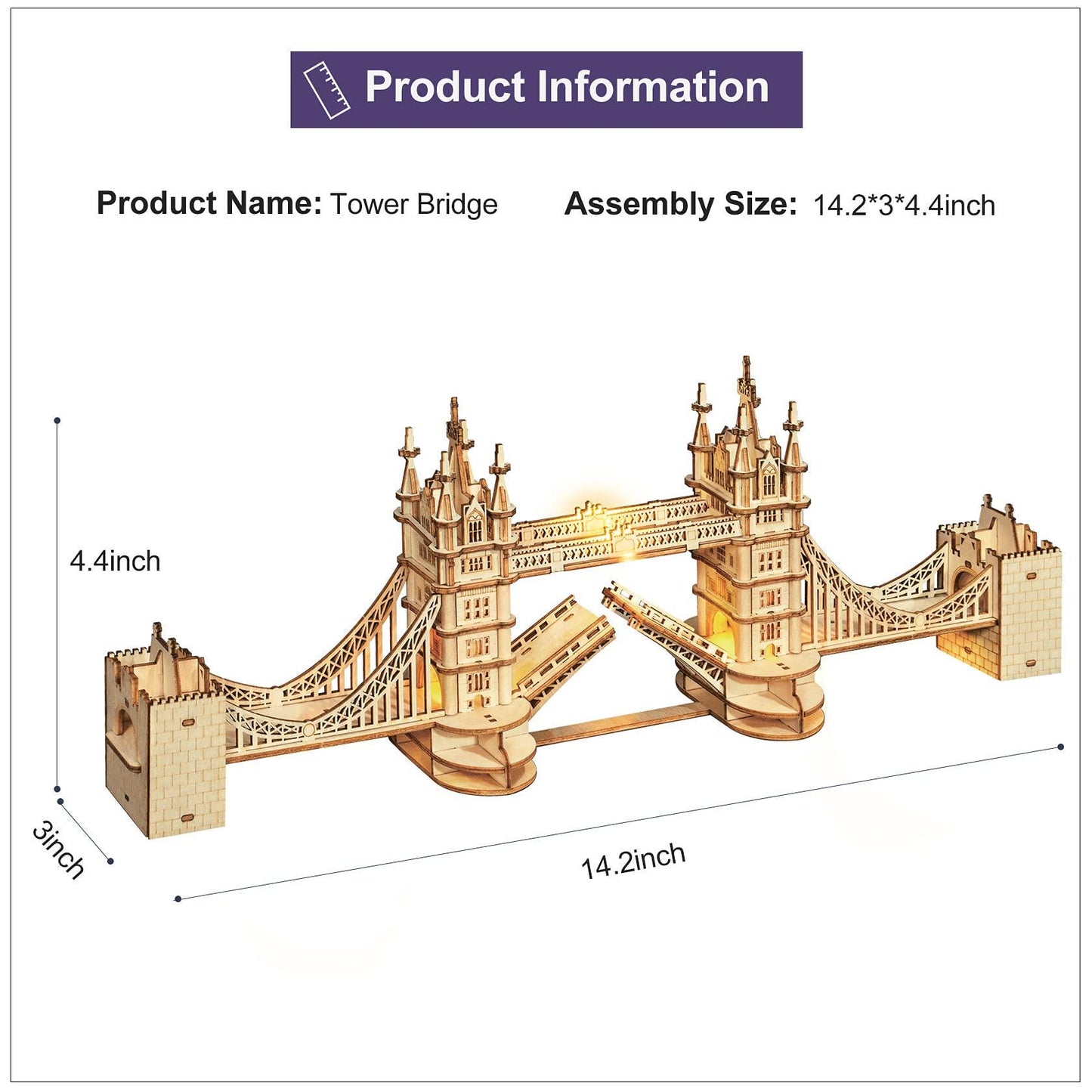 Tower Bridge Wooden Model Kit | 3D Wooden Puzzle Landmark Gift | DIY Craft Kit for Adults & Teens with LED Light | London Bridge Home Décor