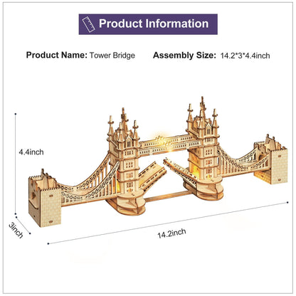 Wooden Tower Bridge kit dimensions diagram showing length 14.2 inches and height 4.4 inches.