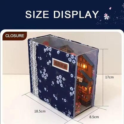 Japanese Sakura Alley book nook size chart showing a floral patterned outer cover 17 cm high.