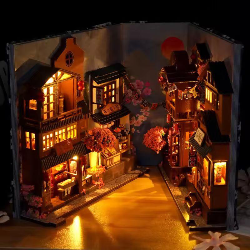 Japanese Sakura Alley DIY Wooden Book Nook Kit | Miniature Bookshelf Insert & Handmade Home Décor
