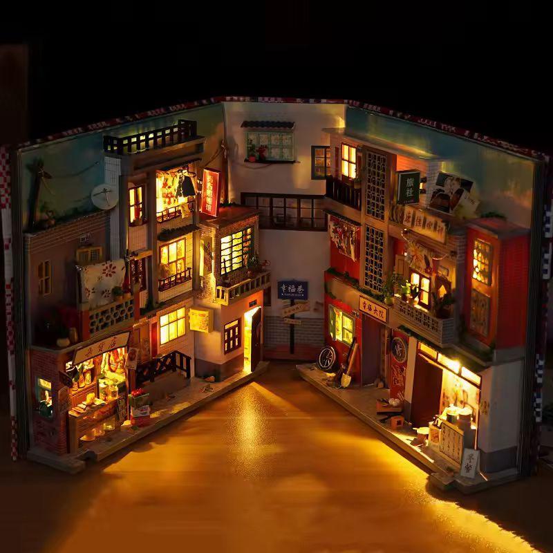 Japanese Sakura Alley DIY Wooden Book Nook Kit | Miniature Bookshelf Insert & Handmade Home Décor