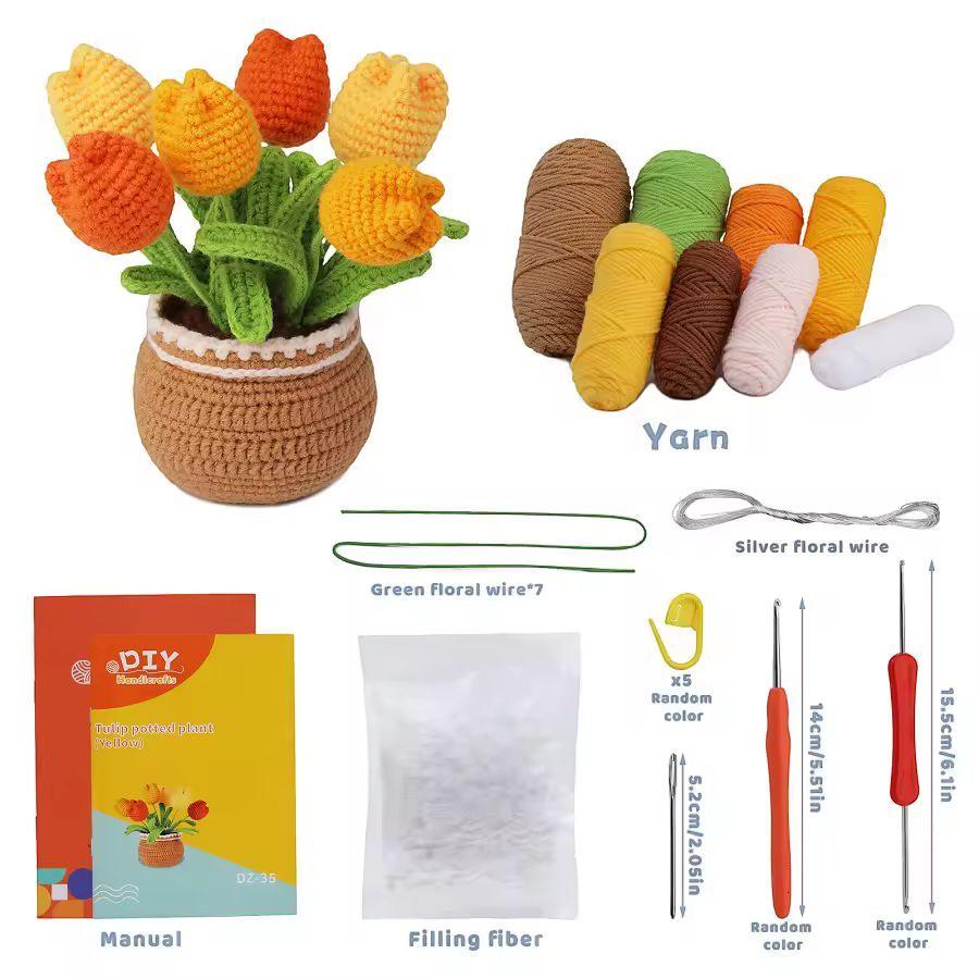 DIY Crochet Flower Kit – Beginner-Friendly Yarn Craft | Tulip, Daisy & Bluebell Crochet Set | Handmade Floral Home Decor