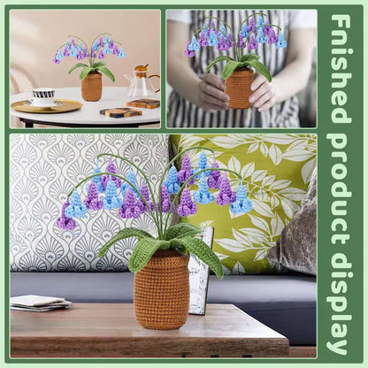 Blue and lilac crocheted hanging bellflowers in a brown pot displayed on tables and held in hands.