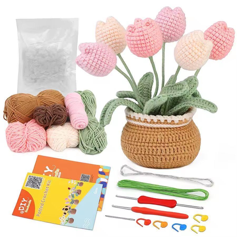 DIY Crochet Flower Kit – Beginner-Friendly Yarn Craft | Tulip, Daisy & Bluebell Crochet Set | Handmade Floral Home Decor