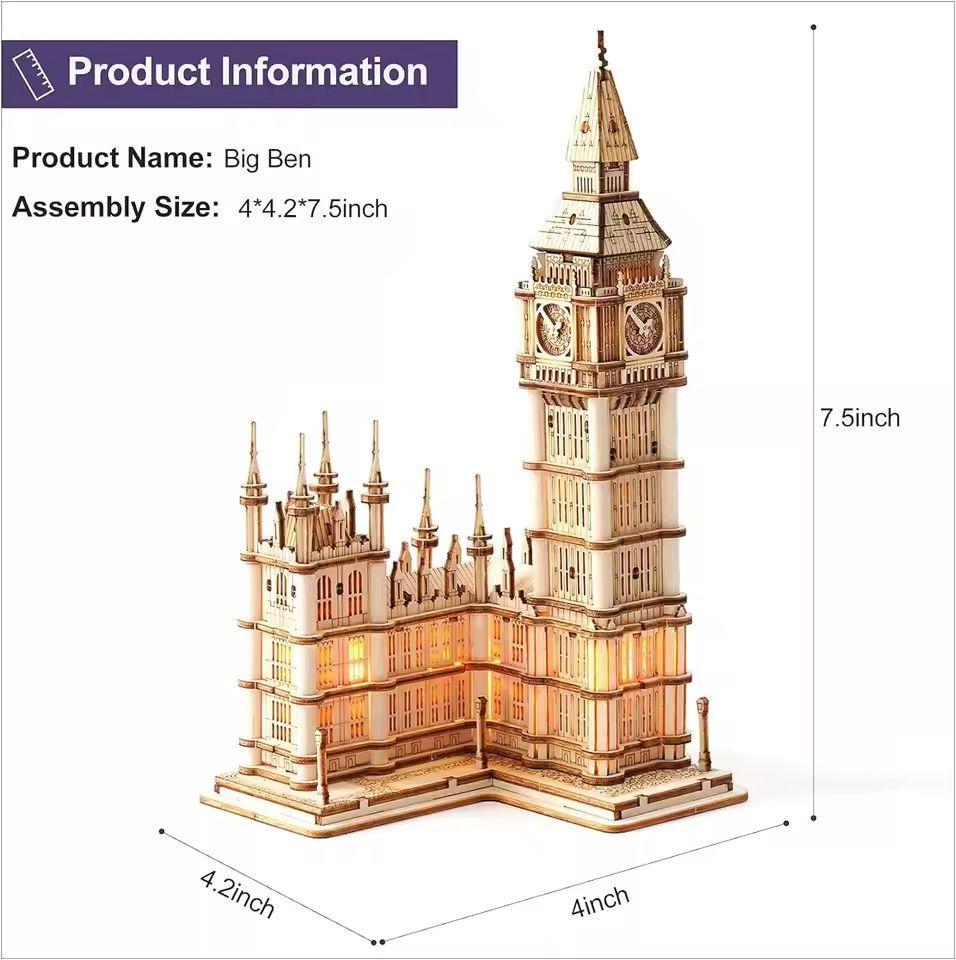 3D Wooden Big Ben Puzzle | DIY London Landmark Model Kit | Laser Cut Building Craft with LED | Unique Gift for Architecture Lovers