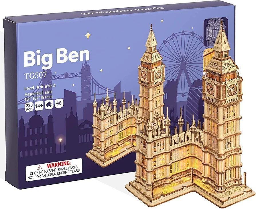 3D Wooden Big Ben Puzzle | DIY London Landmark Model Kit | Laser Cut Building Craft with LED | Unique Gift for Architecture Lovers