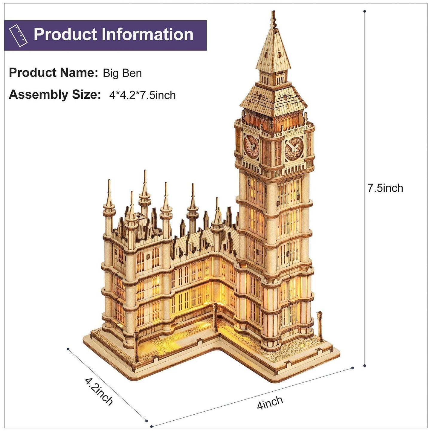 3D Wooden Big Ben Puzzle | DIY London Landmark Model Kit | Laser Cut Building Craft with LED | Unique Gift for Architecture Lovers