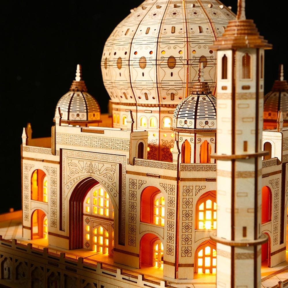 Taj Mahal 3D Wooden Puzzle with Light | DIY Landmark Model Kit | Architecture Building Gift for Adults & Kids | Home Décor Craft
