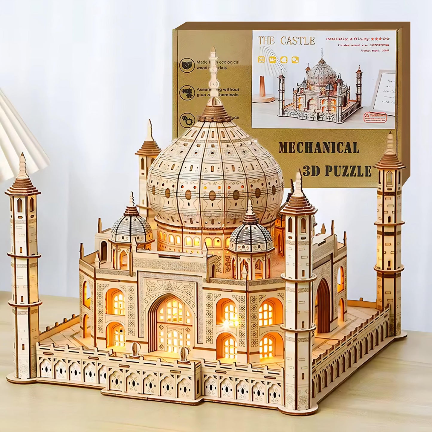Taj Mahal 3D Wooden Puzzle with Light | DIY Landmark Model Kit | Architecture Building Gift for Adults & Kids | Home Décor Craft