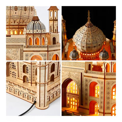 Four detail photos of Taj Mahal wooden model showing lit arches, dome, minaret and power cable.