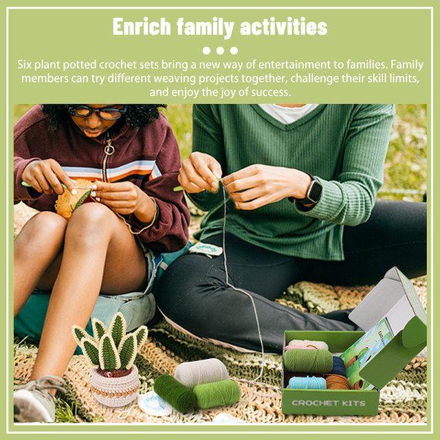 Crochet Succulent Kit for Beginners | 6 Potted Plant DIY Set with Yarn, Tools and Instructions | Handmade Gift for Adults & Crafters